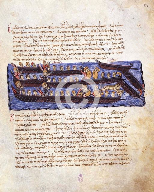 The repulsion of the Russian attack on Constantinople in 941 by the Byzantine fleet (Miniature from  Artist: Anonymous  