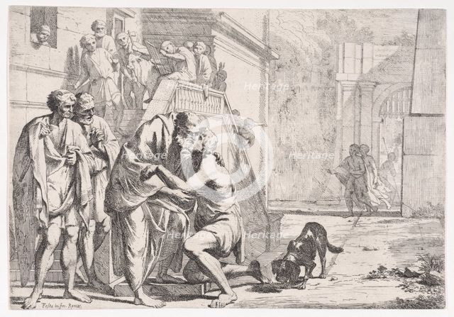The return of the prodigal son, the father embracing his son, from a series,..., ca. 1645. Creator: Pietro Testa.