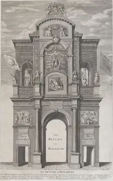 The Return of Monarchy; the first triumphal arch erected for Charles II in his passage thr..., 1662. Creator: David Loggan