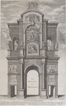 The Return of Monarchy; the first triumphal arch erected for Charles II in his passage thr..., 1662. Creator: David Loggan
