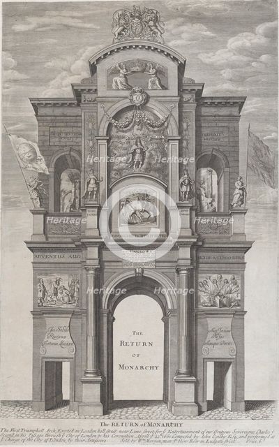 The Return of Monarchy; the first triumphal arch erected for Charles II in his passage thr..., 1662. Creator: David Loggan.