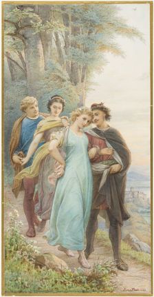 The reunited bridal couples on their way out of the forest, in front Helena and Demetrius..., 1883. Creator: Leopold Bode