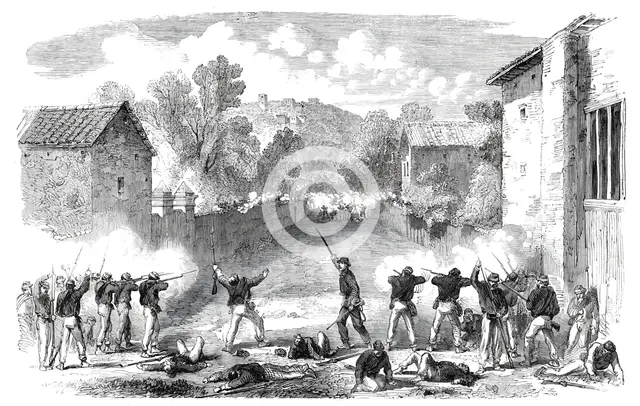 The Revolution in Sicily - Sicilian skirmishers attacking the advanced posts of the..., 1860. Creator: Unknown.