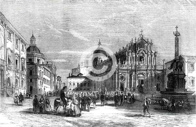 The Revolution in Sicily - the Cathedral and Square of the Elephant, Catania, 1860. Creator: Unknown.