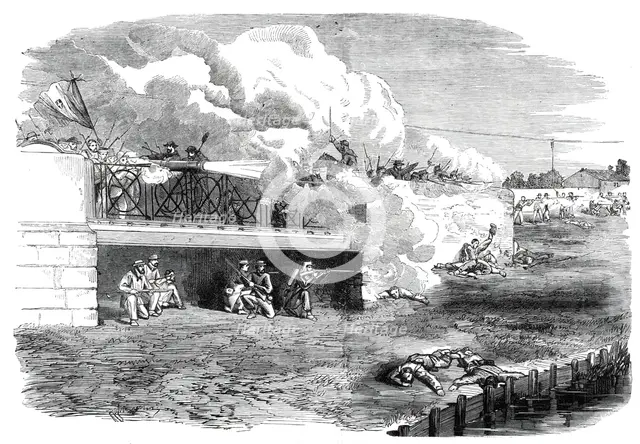 The Revolution in Sicily - the Fight at the Bridge of Melazzo - from a sketch by T. Nast, 1860. Creator: Unknown.