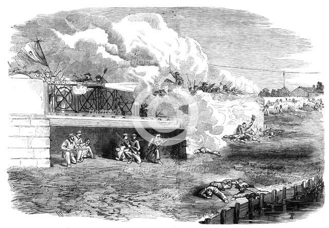 The Revolution in Sicily - the Fight at the Bridge of Melazzo - from a sketch by T. Nast, 1860. Creator: Unknown.