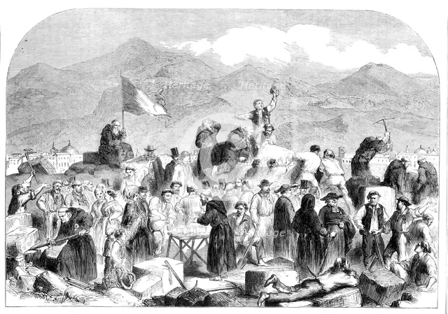 The Revolution in Sicily - the Sicilians demolishing the Fort of Castellamare at Palermo..., 1860. Creator: Unknown.