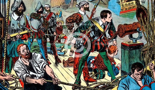 The 'Revenge' engaging the Spanish fleet off Flores, 1591 (c1900). Artist: TM Robinson