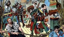 The Revenge engaging the Spanish fleet off Flores, 1591 (c1900). Artist: TM Robinson