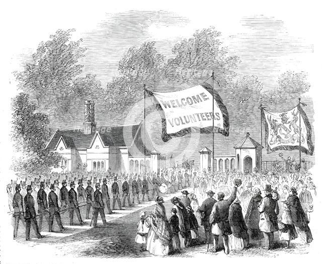 The Review of Lancashire Rifle Volunteers in Knowsley Park - Huyton Lodge Volunteers..., 1860. Creator: Unknown.