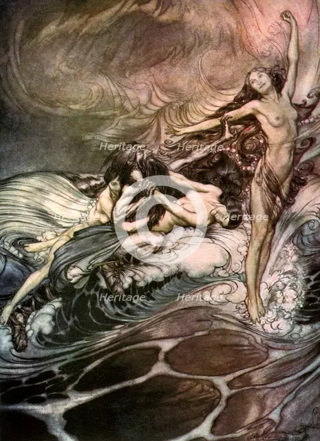 'The Rhine Maidens obtain possession of the ring and bear it off in triumph' c1911. Artist: Arthur Rackham