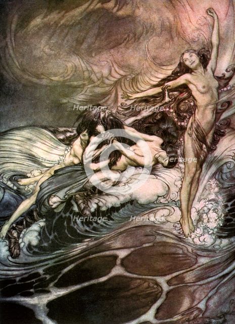 'The Rhine Maidens obtain possession of the ring and bear it off in triumph' c1911. Artist: Arthur Rackham