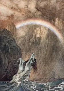 The Rhine's fair children, Bewailing their lost gold, weep 1910. Creator: Arthur Rackham