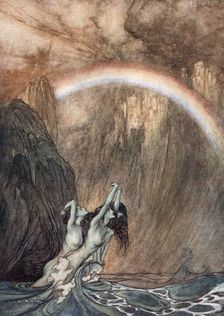 The Rhine's fair children, Bewailing their lost gold, weep 1910. Creator: Arthur Rackham