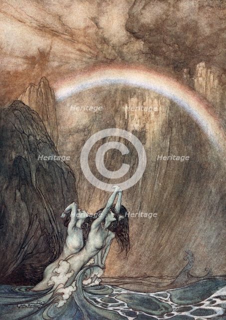 'The Rhine's fair children, Bewailing their lost gold, weep', 1910.  Creator: Arthur Rackham.