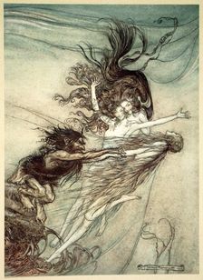 The Rhinemaidens teasing Alberich 1910. Creator: Arthur Rackham
