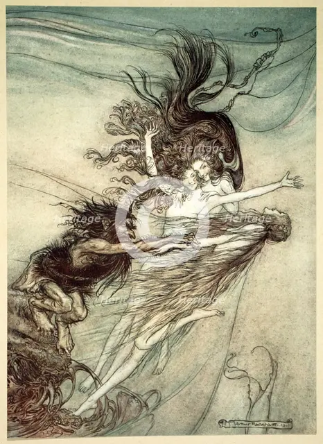 'The Rhinemaidens teasing Alberich', 1910.  Creator: Arthur Rackham.
