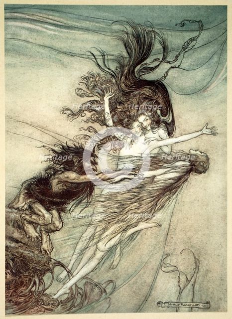 'The Rhinemaidens teasing Alberich', 1910.  Creator: Arthur Rackham.