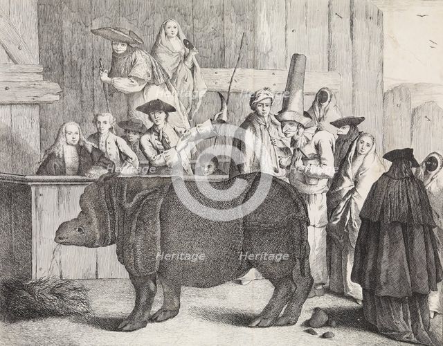 The Rhinoceros, Clara, in the foreground, her keeper holding her horn and a whip..., after ca. 1751. Creator: Alessandro Longhi.