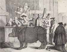The Rhinoceros, Clara, in the foreground, her keeper holding her horn and a whip..., after ca. 1751. Creator: Alessandro Longhi