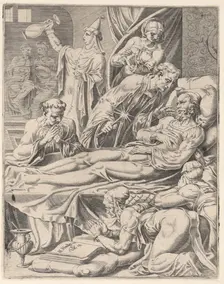 The Rich Man on His Deathbed, from The Parable of Lazarus and the Rich Man, plate 2, 1551. Creator: Dirck Volkertsen Coornhert