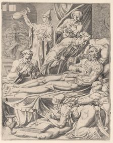The Rich Man on His Deathbed, from The Parable of Lazarus and the Rich Man, plate 2, 1551. Creator: Dirck Volkertsen Coornhert