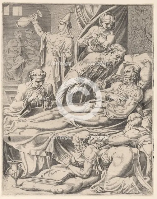 The Rich Man on His Deathbed, from The Parable of Lazarus and the Rich Man, plate 2, 1551. Creator: Dirck Volkertsen Coornhert.