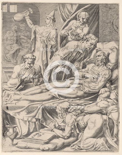 The Rich Man on His Deathbed, from The Parable of Lazarus and the Rich Man, plate 2, 1551. Creator: Dirck Volkertsen Coornhert.