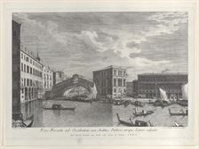 The Rialto Bridge, Venice, with boats and gondolas in the water, 1763. Creator: Giovanni Battista Brostoloni