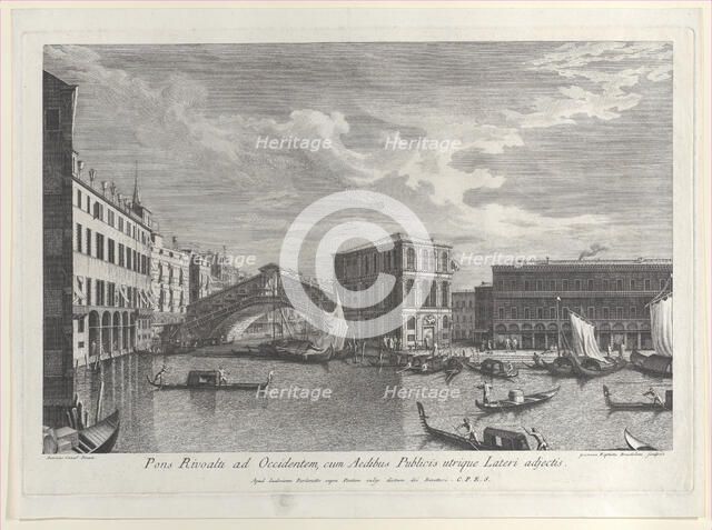 The Rialto Bridge, Venice, with boats and gondolas in the water, 1763. Creator: Giovanni Battista Brostoloni.