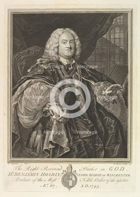 The Right Reverend Father in God, Dr. Benjamin Hoadly, Lord Bishop of Winchester, Prelate ..., 1743. Creator: Bernard Baron.