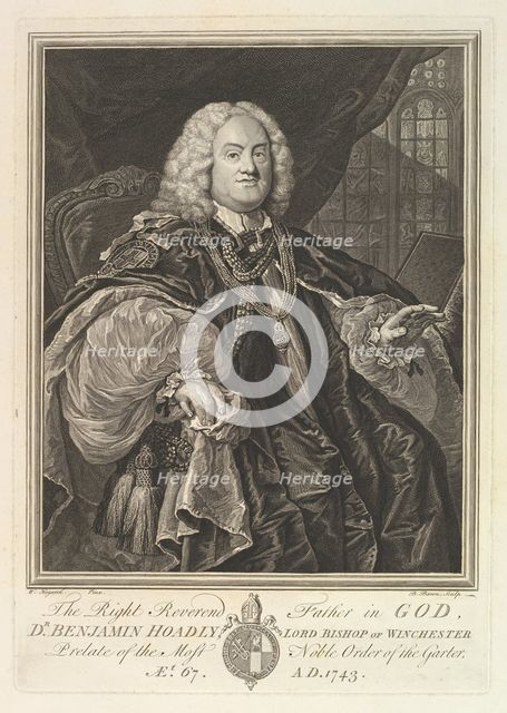 The Right Reverend Father in God, Dr. Benjamin Hoadly, Lord Bishop of Winchester, Prelate ..., 1743. Creator: Bernard Baron.