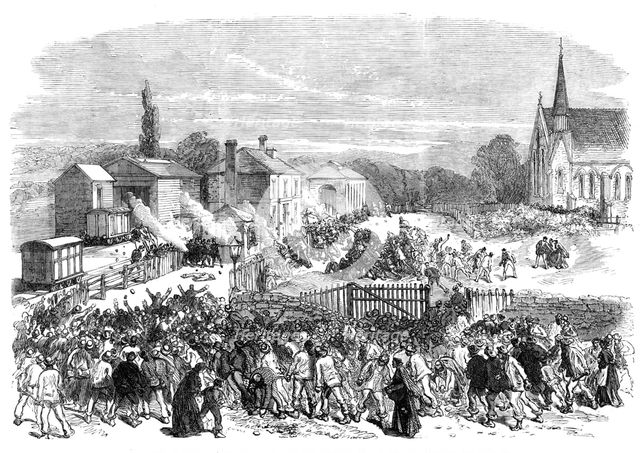 The Riot at Mold, Flintshire: attack on the soldiers at the railway station, 1869. Creator: Unknown.