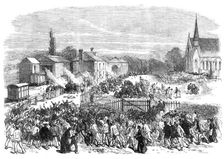 The Riot at Mold, Flintshire: attack on the soldiers at the railway station, 1869. Creator: Unknown
