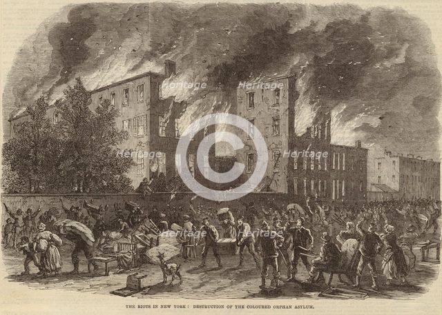 The riots in New York : Destruction of the coloured orphan asylum, 1863. Creator: Unknown.