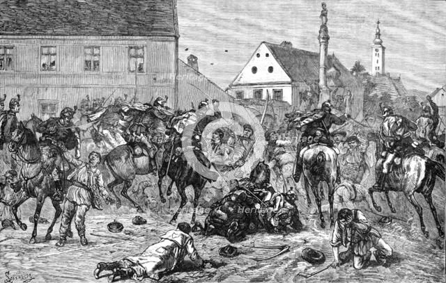 The Riots in Croatia: Hussars dispersing rioters at Agram, 1883. Creator: Unknown.