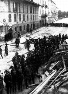 The Riots in Italy: Bersaglieri before a conquered barricade in Milan, 1898. Creator: Stefano Bencetti