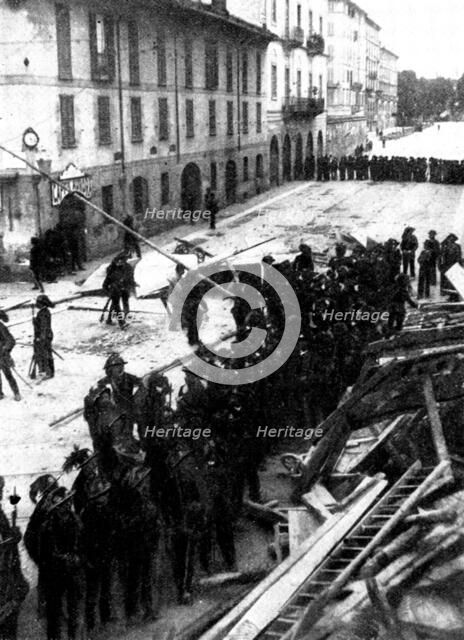 The Riots in Italy: Bersaglieri before a conquered barricade in Milan, 1898. Creator: Stefano Bencetti.
