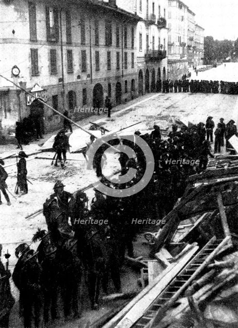 The Riots in Italy: Bersaglieri before a conquered barricade in Milan, 1898. Creator: Stefano Bencetti.