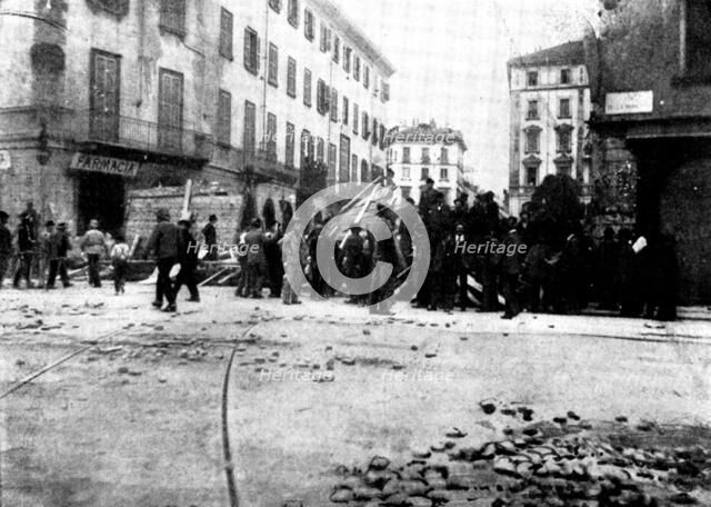The Riots in Italy: street scenes in Milan - barricade at the corner of the Via Moscovia, 1898. Creator: Unknown.