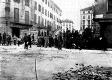 The Riots in Italy: street scenes in Milan - barricade at the corner of the Via Moscovia, 1898. Creator: Unknown