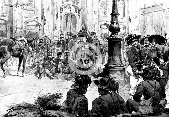 The Riots in Italy: street scenes in Milan - the Cavalry in front of the Duomo, 1898. Creator: Unknown.