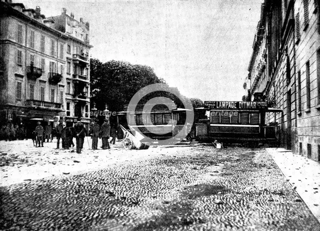 The Riots in Italy: street scenes in Milan - the Corso Venezia barricaded with tramway cars, 1898. Creator: Unknown.