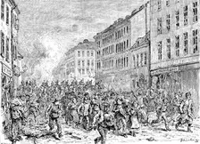 The Riots in Vienna: Hussars chasing mob in the Lerchenfelder-Strasse, 1890. Creator: Unknown