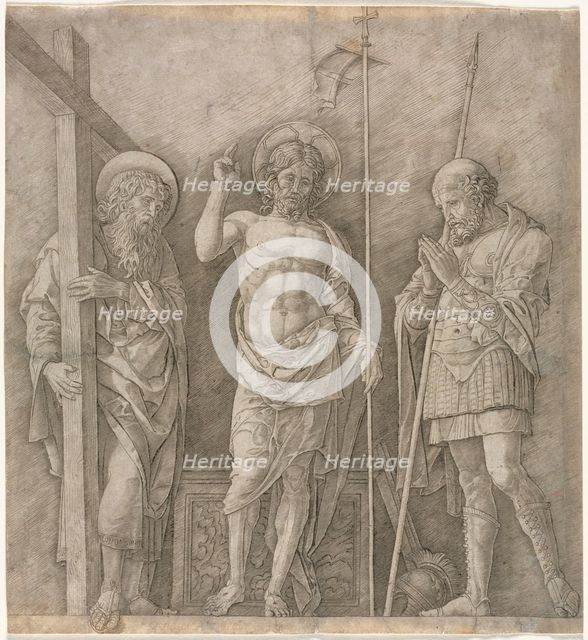 The Risen Christ between St Andrew and Longinus, early 1470s. Creator: Andrea Mantegna (Italian, 1431-1506).