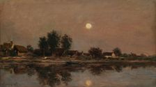 The Rising Moon on the River Bank; Village by the Light of the Moon, 1874. Creator: Charles Francois Daubigny