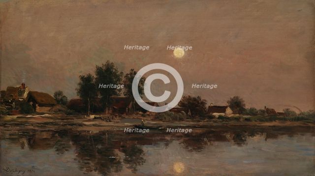 The Rising Moon on the River Bank; Village by the Light of the Moon, 1874. Creator: Charles Francois Daubigny.