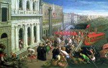 The Riva degli Schiavoni in Venetia, Venice view, at left the Palace of the Duce and Zecca, at ri…