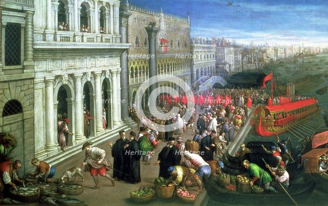 The Riva degli Schiavoni in Venetia, Venice view, at left the Palace of the Duce and Zecca, at ri…