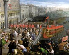 The Riva Degli Schiavoni in Venice detail, commercial activity and clothing in Venice